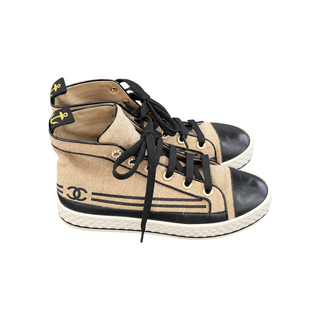 Chanel Beige and Black CC Logo Canvas High-Top Lace-Up Sneakers EU 37.5