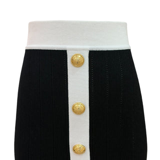 Balmain Black & White Ribbed Knit Button Pencil Skirt