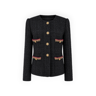 Chanel Black Tweed Chain-Trim Jacket with Gold-Tone Buttons Size FR 36