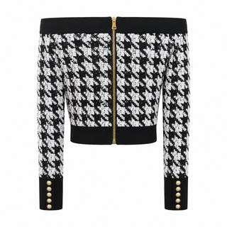 Balmain Black & White Houndstooth Knit Jacket & Skirt Set