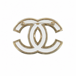 Chanel White CC Logo Chain-Detail Gold-Tone Brooch