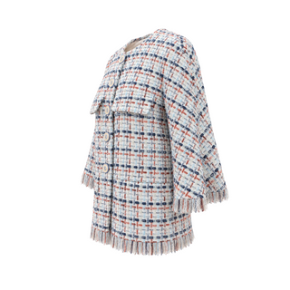 Chanel White, Blue & Coral Fringed Tweed CC Button Jacket Size FR 44