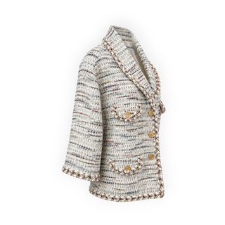 Chanel White Multicolor Tweed Braided Trim Jacket Size FR 44