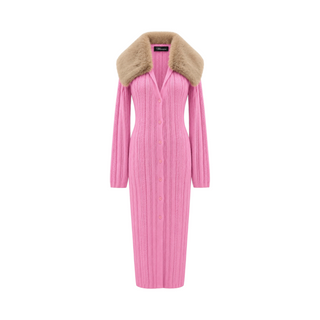 Blumarine Pink Wool and Cashmere Knit Maxi Cardigan Dress with Faux Fur Collar Size 42