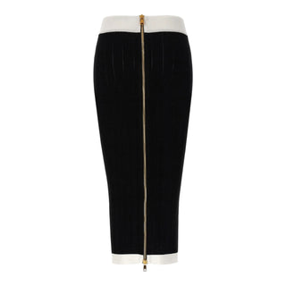 Balmain Black & White Ribbed Knit Button Pencil Skirt