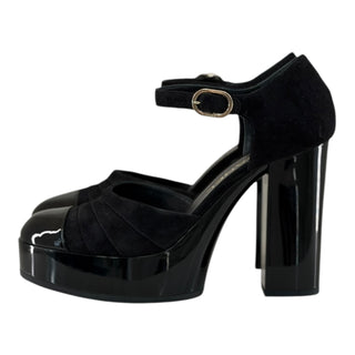 Chanel Black Suede & Patent Leather Platform Mary Jane Pumps
