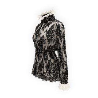 Chanel Black and White Floral Lace High-Neck Blouse Size FR 42