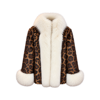 Dolce & Gabbana Brown Leopard Print Muskrat Fur Coat with Ivory Arctic Fox Fur Trim
