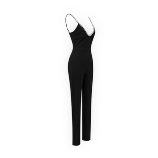AREA Black Crystal Embellished V-Neck Sleeveless Tailored Jumpsuit Size M