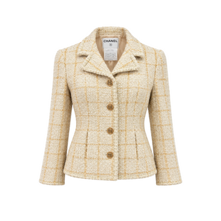 Chanel Cream and Beige Wool-Blend Tweed CC Button Jacket Size FR 38