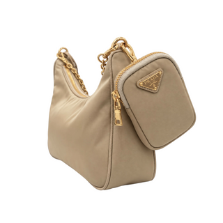 Prada Beige Re-Edition 2005 Re-Nylon Shoulder Bag with Gold Chain and Mini Pouch