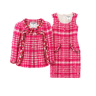Chanel Pink and White Tweed Sleeveless Dress & Embellished Jacket Two-Piece Set