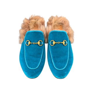Gucci Turquoise Blue Suede Princetown Horsebit Fur-Lined Slippers EU 37.5