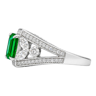 Bella Ling Custom Lab-Grown Emerald & Diamond Halo Statement Ring in White Gold Plated Sterling Silver