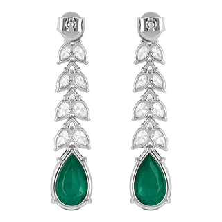 Lab-Grown Emerald & Diamond Drop Earrings in White Gold-Plated Sterling Silver
