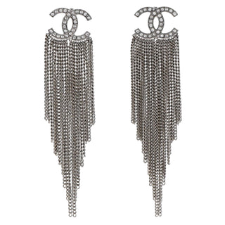 Chanel Silver Baguette Crystal CC Chain Drop Earrings