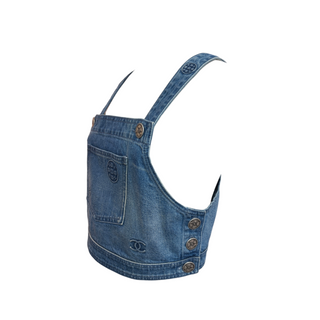 Chanel Blue Denim Embroidered Logo Sleeveless Crop Top FR 40