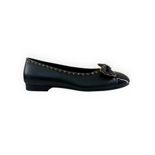 Chanel Black Leather and Patent Leather Bow Ballet Flats with Gold Chain Trim EU 36.5