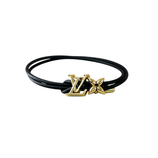Louis Vuitton Black LV Initials Monogram Flower Leather Cord Bracelet Gold-Tone