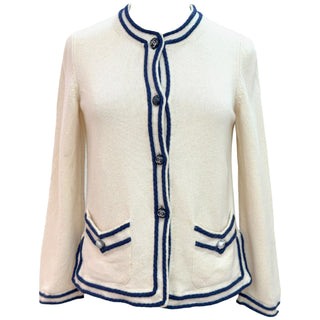 Chanel Ivory Cashmere Cardigan with Navy Contrast Trim