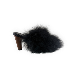 Chanel Black Feather Embellished Wooden Heel Mule Sandals EU 39.5