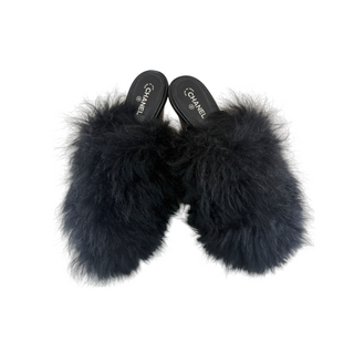 Chanel Black Feather Embellished Wooden Heel Mule Sandals EU 39.5