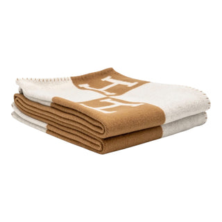 Hermes Avalon H Ecru & Camel Wool-Cashmere Throw Blanket