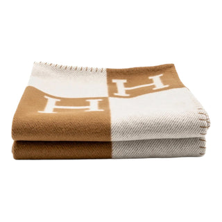 Hermes Avalon H Ecru & Camel Wool-Cashmere Throw Blanket