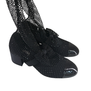 Chanel Black Crystal Embellished Fishnet Knee High Cap Toe Boots EU 40