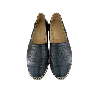 Chanel Black Leather CC Logo Espadrilles