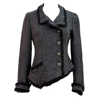 Chanel Black Rabbit Fur-Trim Asymmetric Tweed Jacket