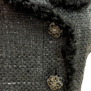 Chanel Black Rabbit Fur-Trim Asymmetric Tweed Jacket