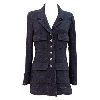 Chanel Navy Metallic Tweed Pocket Jacket Dress