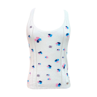 Chanel White Ribbed CC Floral Knit Tank Top