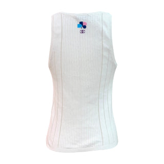 Chanel White Ribbed CC Floral Knit Tank Top