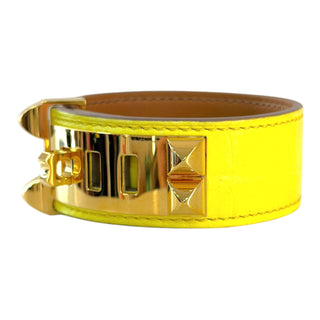 Hermès Collier de Chien 24 Crocodile Bracelet Jaune Citron with Gold Hardware