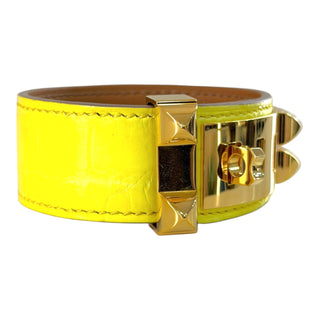 Hermès Collier de Chien 24 Crocodile Bracelet Jaune Citron with Gold Hardware