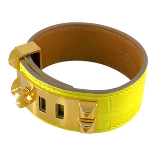 Hermès Collier de Chien 24 Crocodile Bracelet Jaune Citron with Gold Hardware
