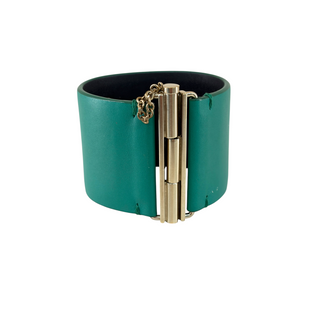 Chanel Green Leather Oversized CC Gold-Tone Cuff Bracelet
