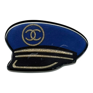 Chanel CC Captain Hat Resin Brooch Navy Blue & Gold