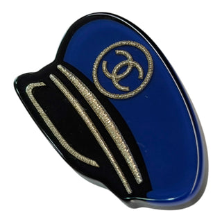 Chanel CC Captain Hat Resin Brooch Navy Blue & Gold