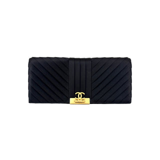 Chanel Black Chevron Quilted Long Flap Clutch Bag with Gold Hardware