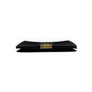 Chanel Black Chevron Quilted Long Flap Clutch Bag with Gold Hardware