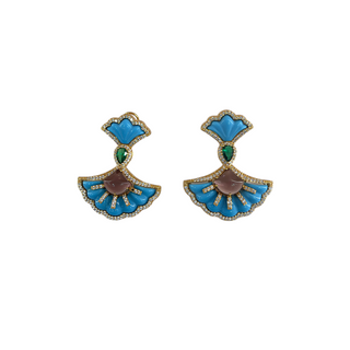 Bella Ling Blue and Gold Floral Fan Drop Earrings with Multicoloured Stones