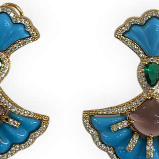 Bella Ling Blue and Gold Floral Fan Drop Earrings with Multicoloured Stones