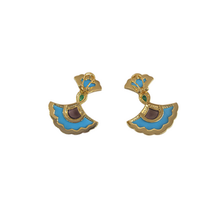 Bella Ling Blue and Gold Floral Fan Drop Earrings with Multicoloured Stones