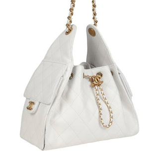 Chanel Mini 25 Hobo Bag in White Caviar Leather with Antique Gold Hardware