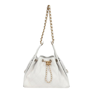 Chanel Mini 25 Hobo Bag in White Caviar Leather with Antique Gold Hardware