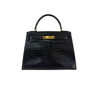 Hermès Black Vintage Crocodile Leather Kelly 28 Sellier Bag with Gold Hardware