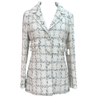 Chanel White Windowpane Tweed Jacket Dress with Crystal CC Buttons